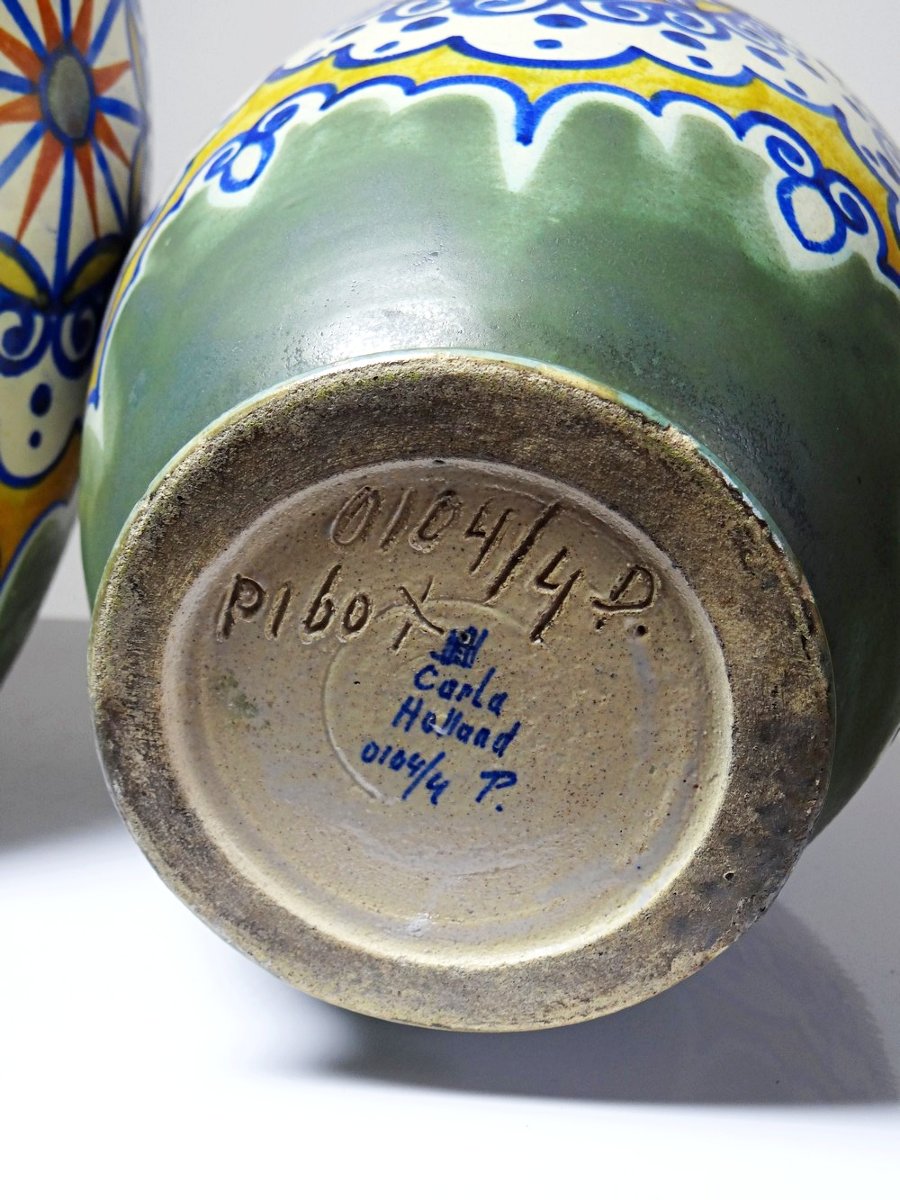 Duo de grands vases décoratifs Carla Holland, décor Gouda, vers 1930-40-photo-4