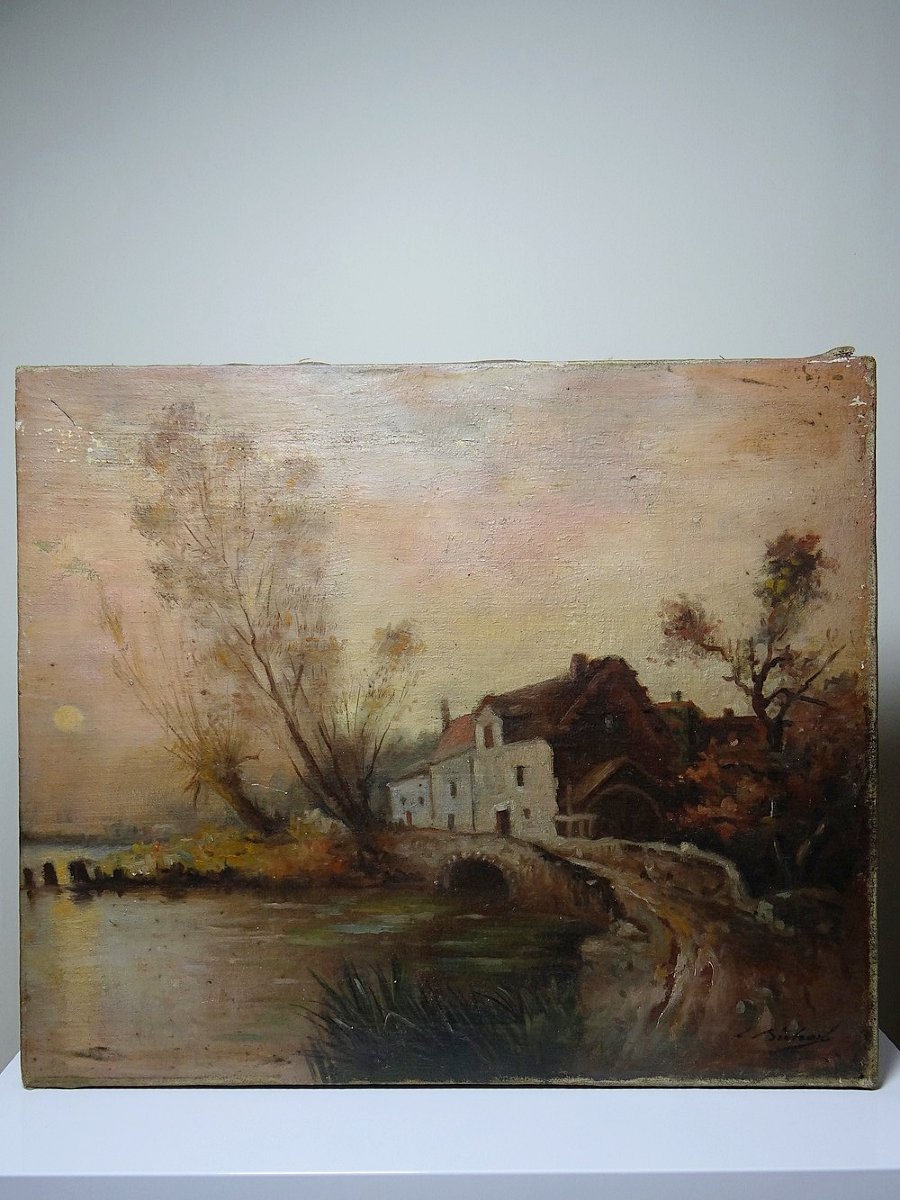 Tableau ferme sur étang ancien XIXe signature, huile sur toile lin-photo-2