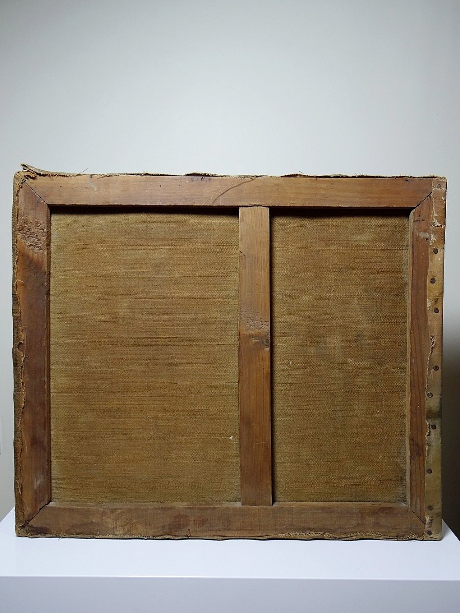 Tableau ferme sur étang ancien XIXe signature, huile sur toile lin-photo-4