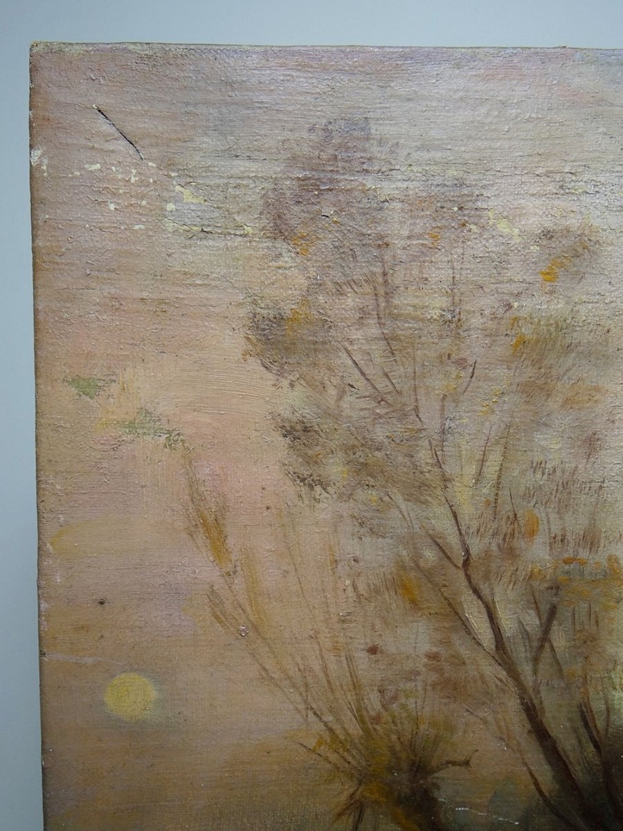 Tableau ferme sur étang ancien XIXe signature, huile sur toile lin-photo-1