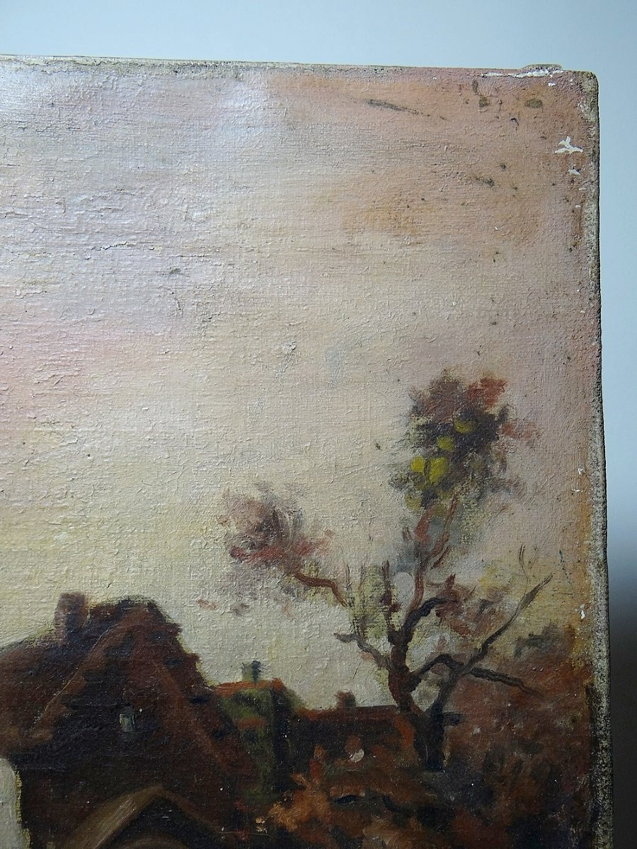 Tableau ferme sur étang ancien XIXe signature, huile sur toile lin-photo-4