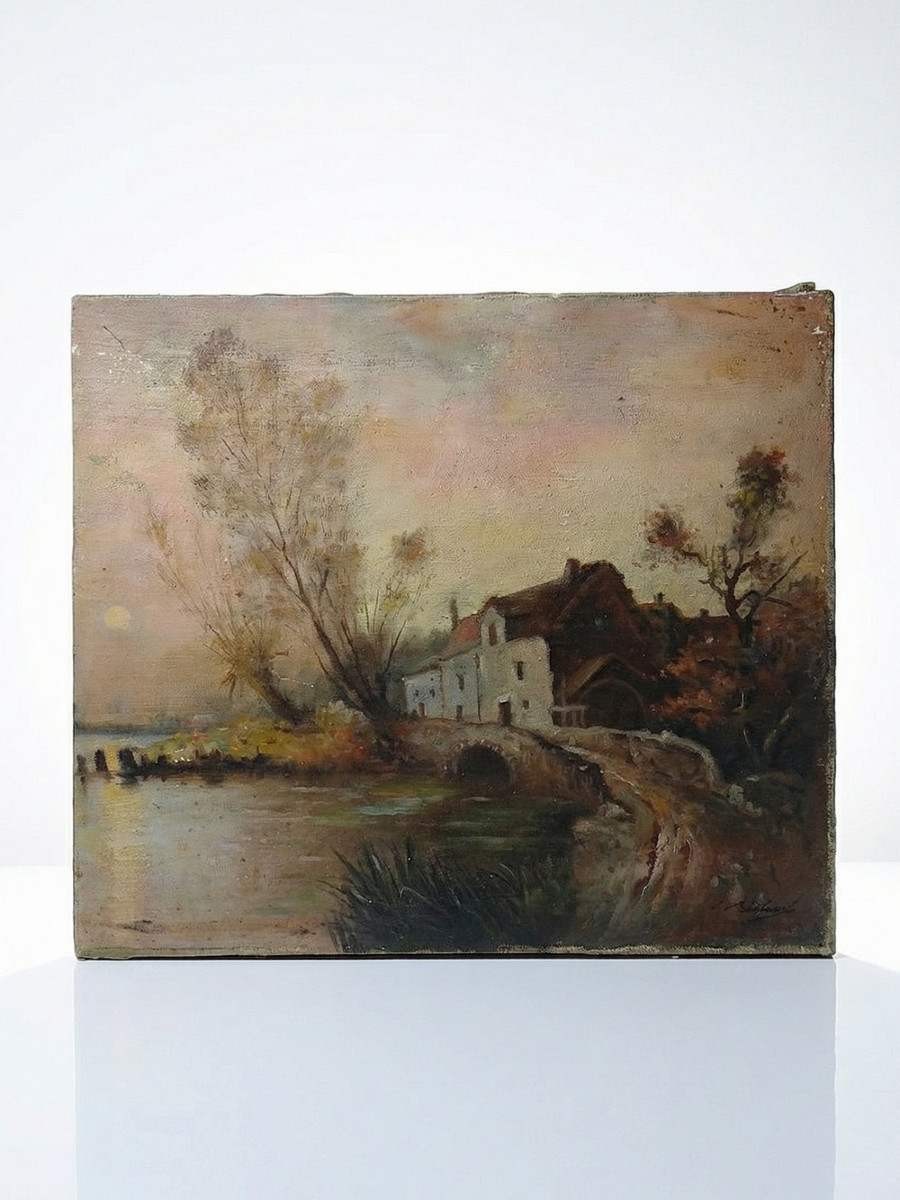 Tableau ferme sur étang ancien XIXe signature, huile sur toile lin