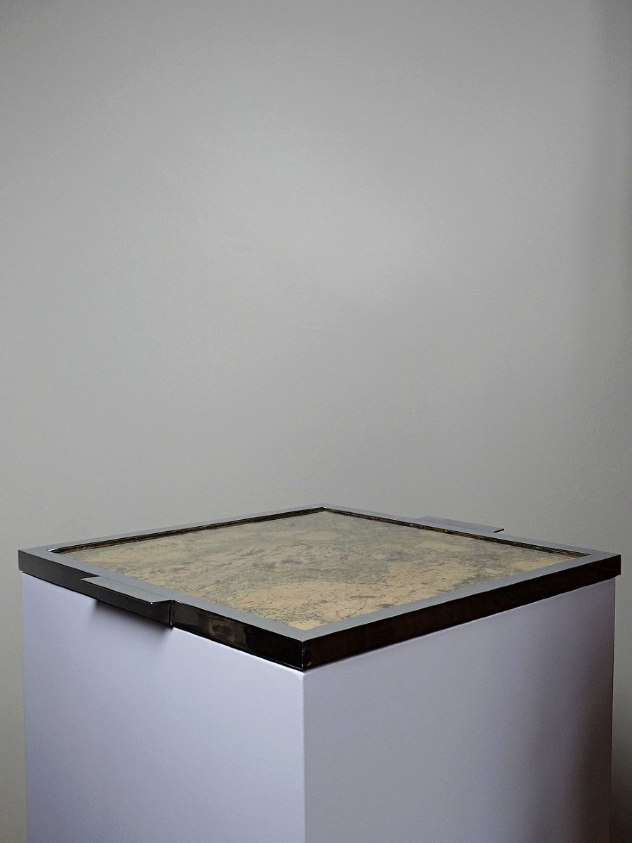 Plateau mid-century Chrome, Liège et plaque de verre années 70-photo-4