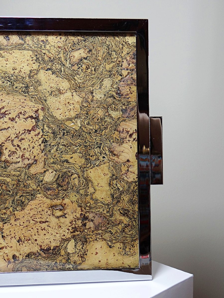 Plateau mid-century Chrome, Liège et plaque de verre années 70-photo-3