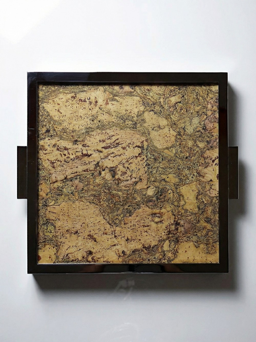 Plateau mid-century Chrome, Liège et plaque de verre années 70