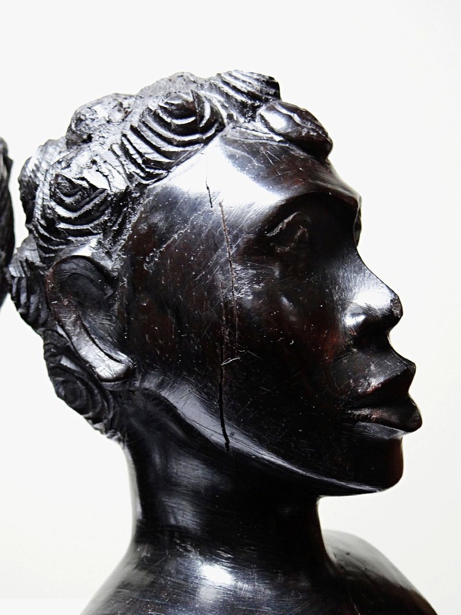 Couple de bustes Malgaches bois exotique foncé sculpté artisanat années 40-70-photo-3