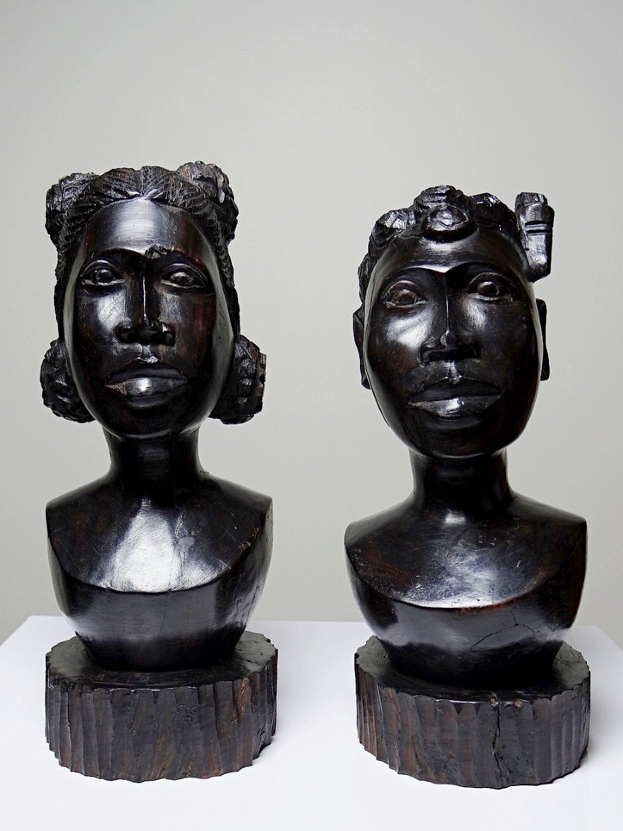 Couple de bustes Malgaches bois exotique foncé sculpté artisanat années 40-70-photo-8