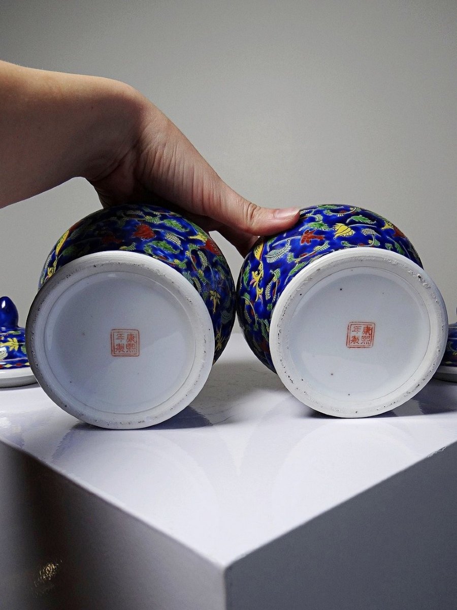 2 Pots à Gingembre chinois porcelaine émaillée main XXe-photo-3