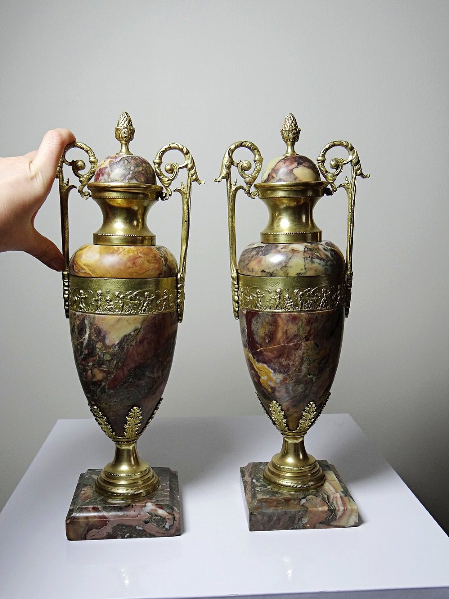 Pair Of Cassolettes In Breccia Marble And Gilt Bronze, Napoleon III 19th Century-photo-4