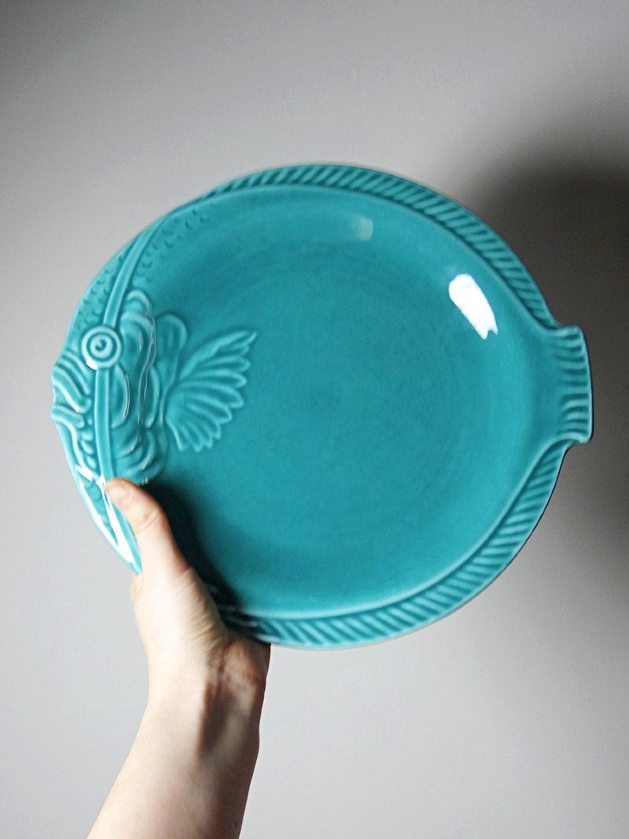 Suite de 5 assiettes plates en faïence turquoise poissons années 60-70-photo-3