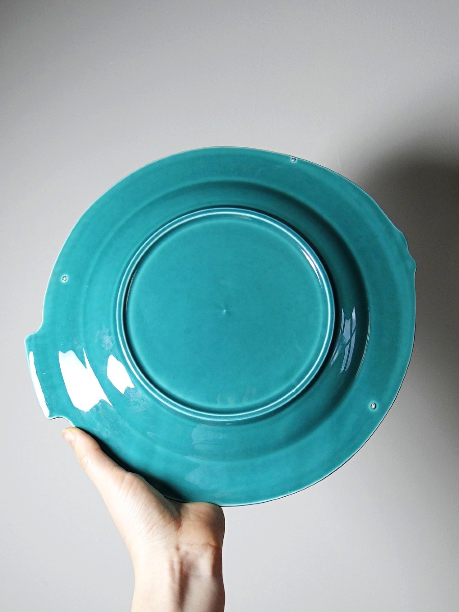 Suite de 5 assiettes plates en faïence turquoise poissons années 60-70-photo-4