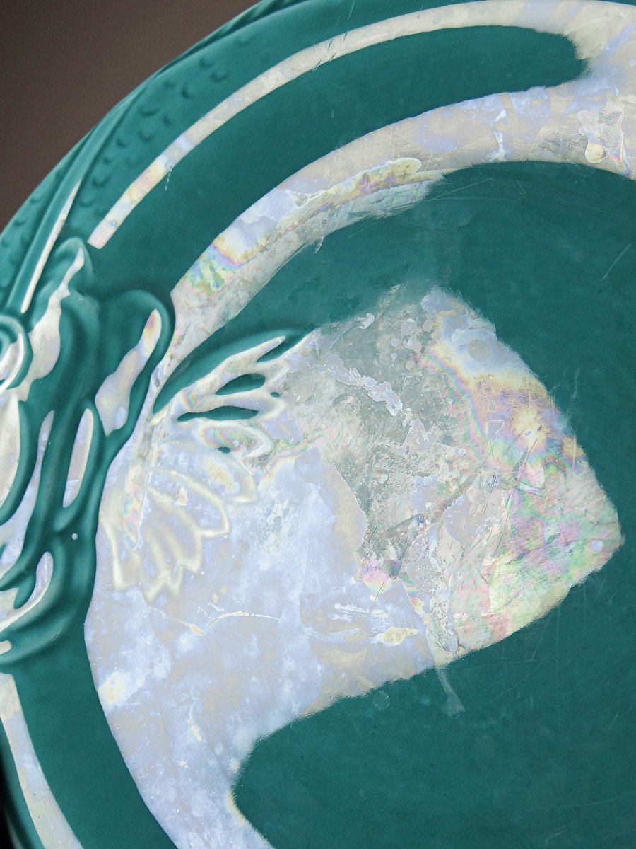 Suite de 5 assiettes plates en faïence turquoise poissons années 60-70-photo-3