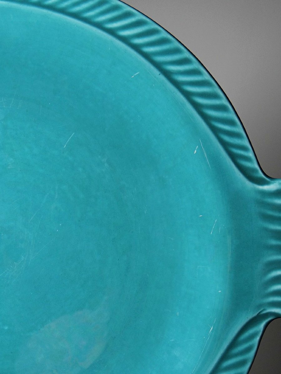 Suite de 5 assiettes plates en faïence turquoise poissons années 60-70-photo-4