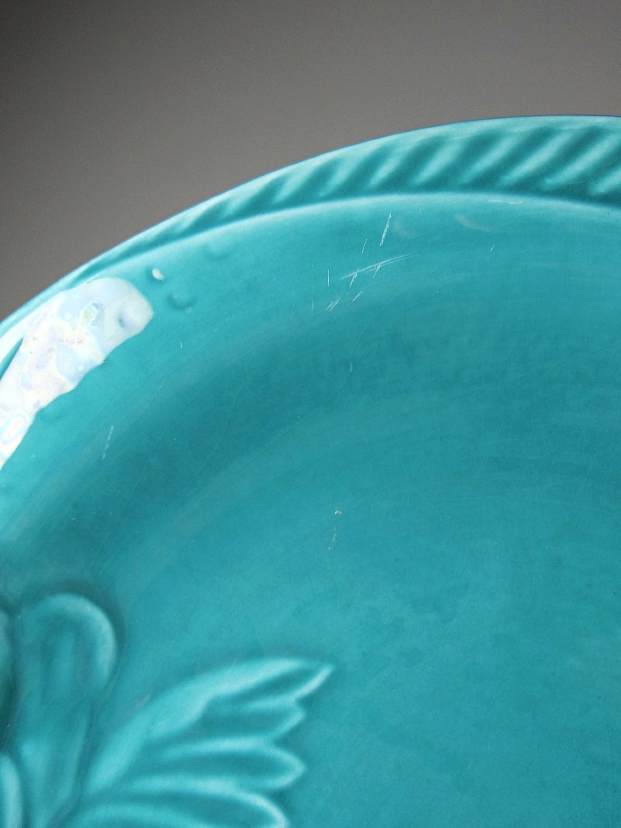 Suite de 5 assiettes plates en faïence turquoise poissons années 60-70-photo-5