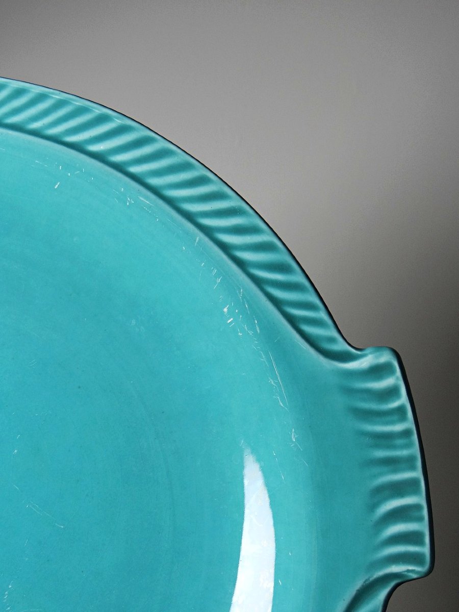 Suite de 5 assiettes plates en faïence turquoise poissons années 60-70-photo-6