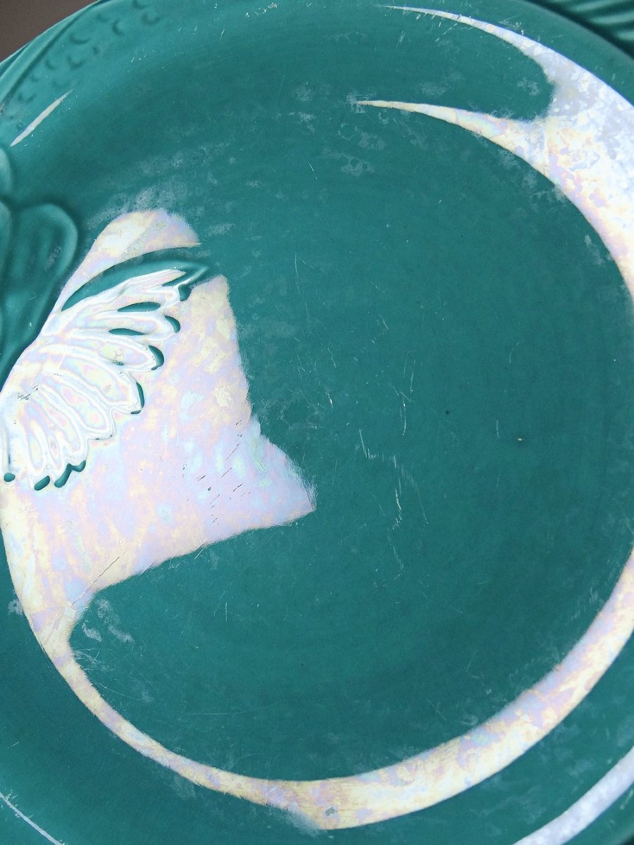 Suite de 5 assiettes plates en faïence turquoise poissons années 60-70-photo-7