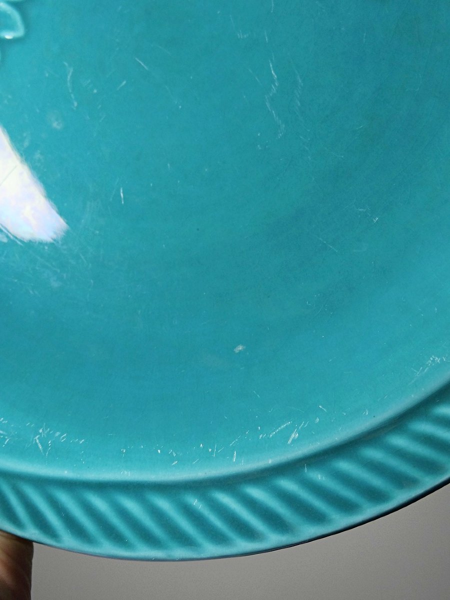 Suite de 5 assiettes plates en faïence turquoise poissons années 60-70-photo-8