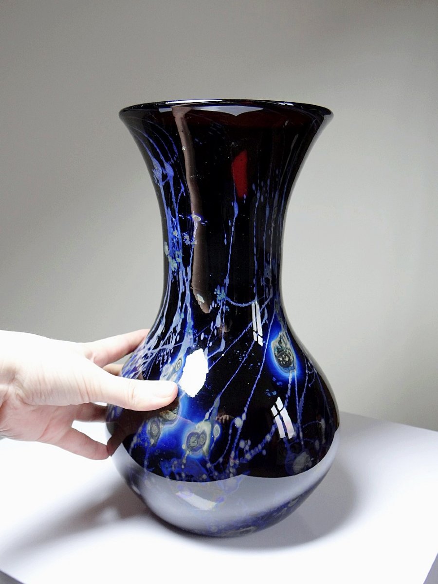 Large Purple Art Glass Vase With Silver Inclusions, 1960-1970, Studio Glass-photo-4