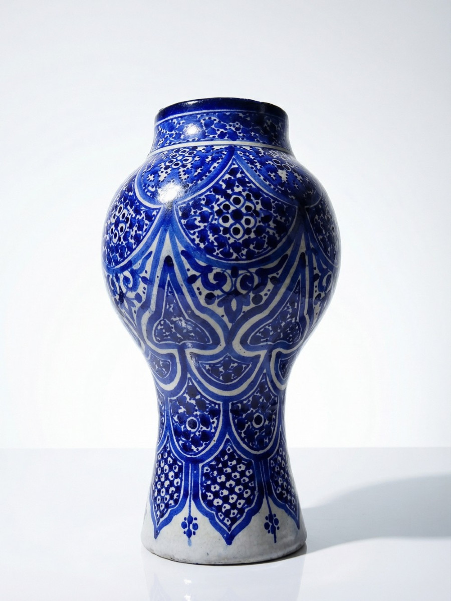Grand vase/jarre Marocaine Fès céramique artisanale Khabia XIX-XXe cobalt