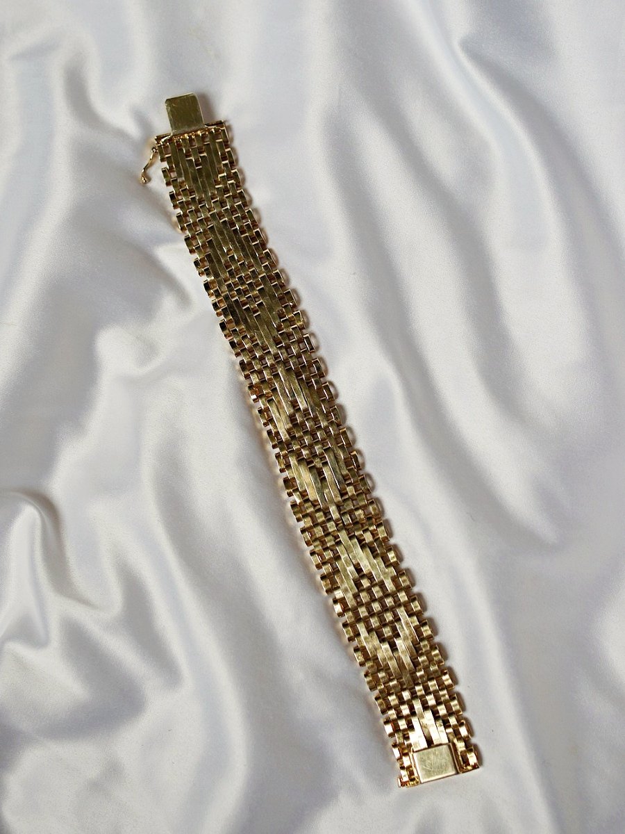 Italian 1980s Woven Mesh Fancy Cuff Bracelet In Gold And Silver Metal-photo-2