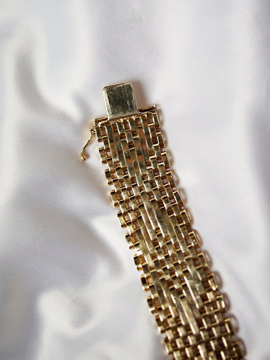 Italian 1980s Woven Mesh Fancy Cuff Bracelet In Gold And Silver Metal-photo-3