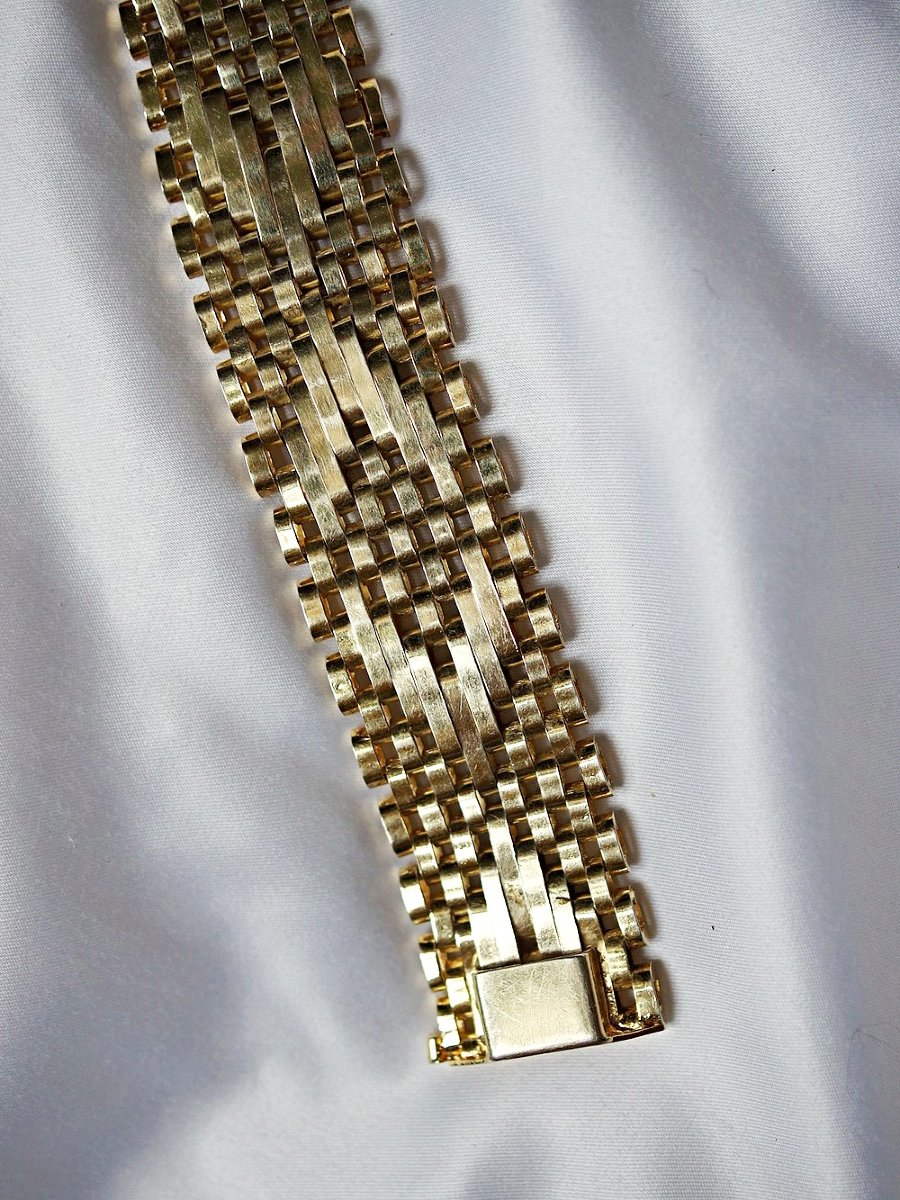 Italian 1980s Woven Mesh Fancy Cuff Bracelet In Gold And Silver Metal-photo-4