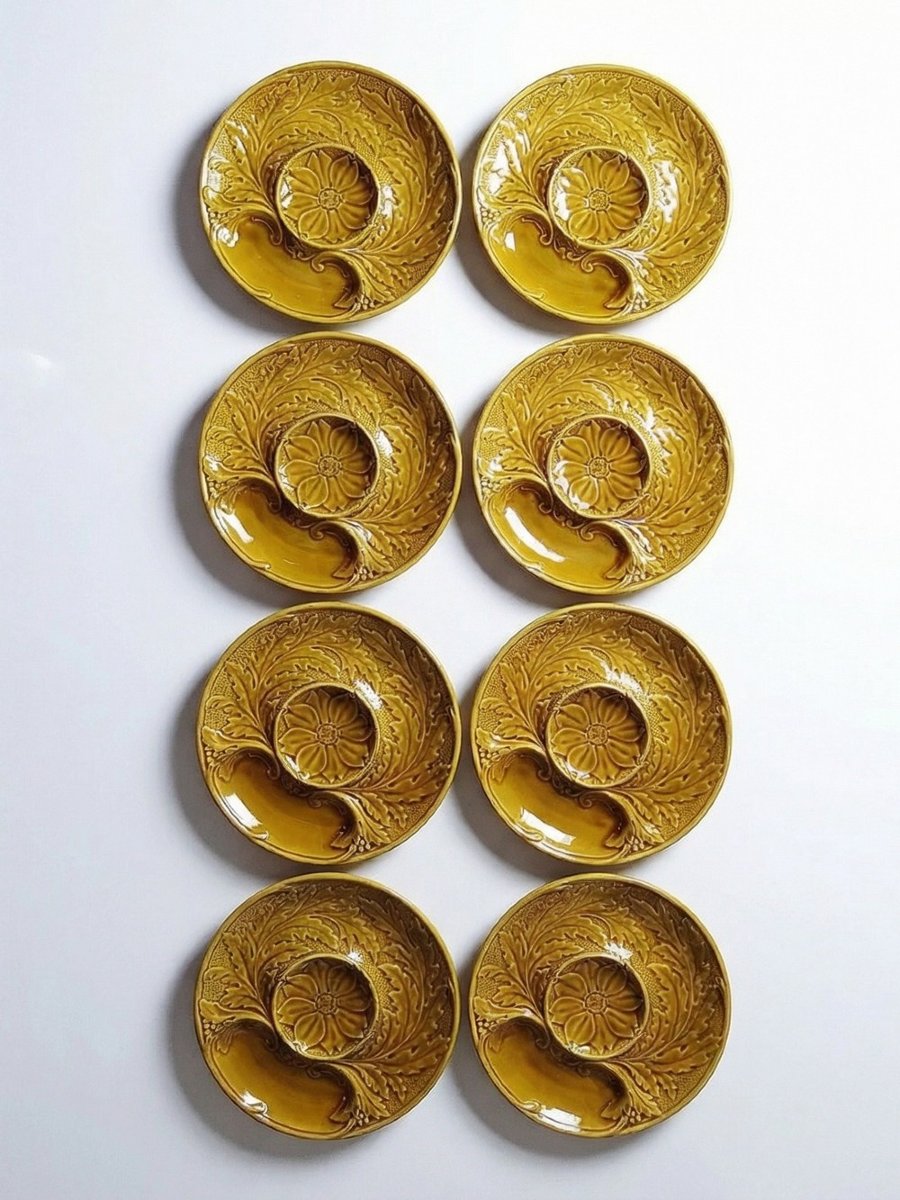 Set Of Plates, Artichoke Pots, Mustard Yellow Slipware, Gien, 20th Century-photo-2