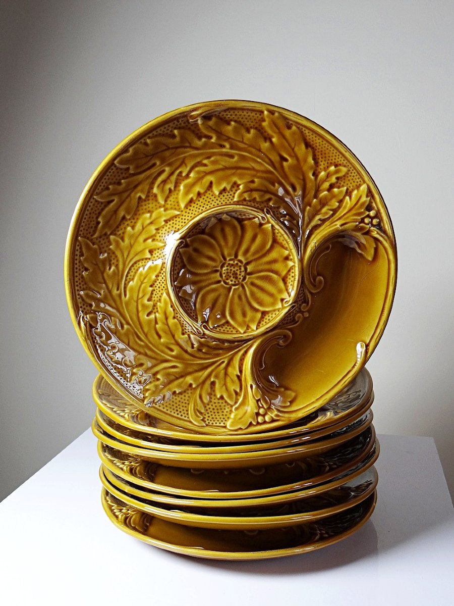 Set Of Plates, Artichoke Pots, Mustard Yellow Slipware, Gien, 20th Century-photo-3