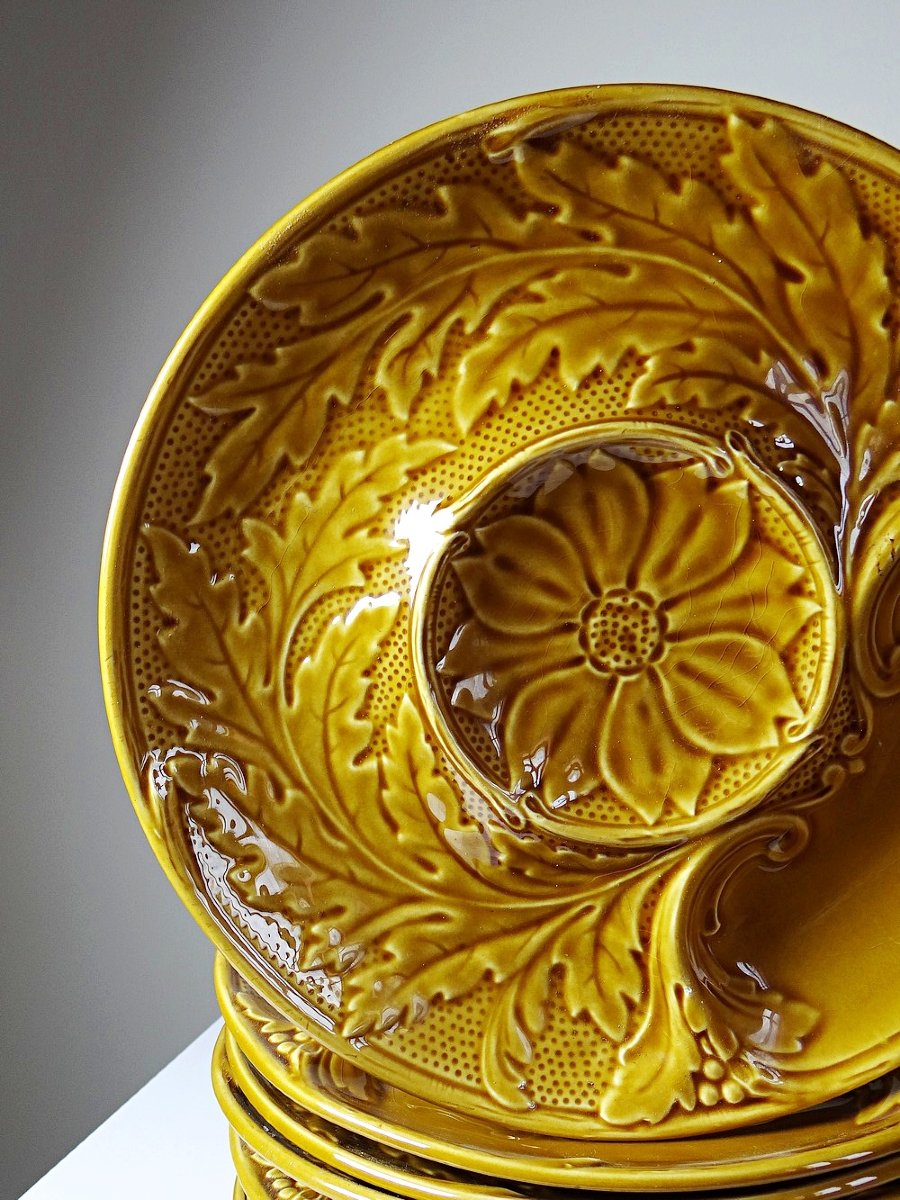 Set Of Plates, Artichoke Pots, Mustard Yellow Slipware, Gien, 20th Century-photo-1