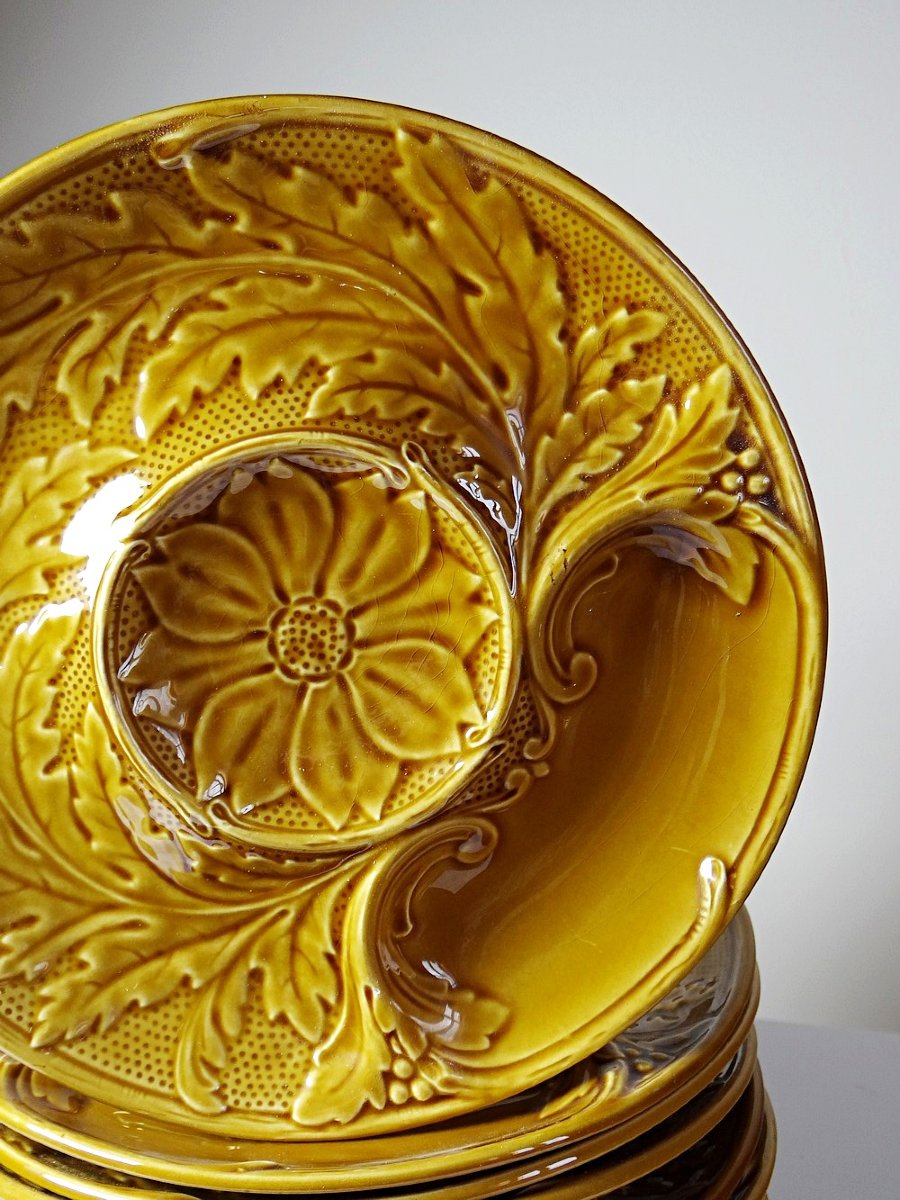 Set Of Plates, Artichoke Pots, Mustard Yellow Slipware, Gien, 20th Century-photo-2