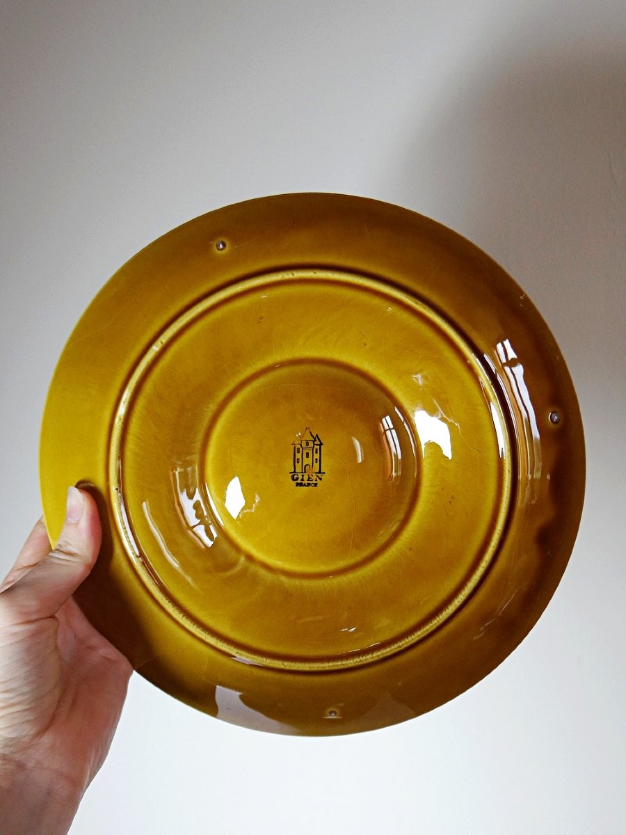 Set Of Plates, Artichoke Pots, Mustard Yellow Slipware, Gien, 20th Century-photo-3
