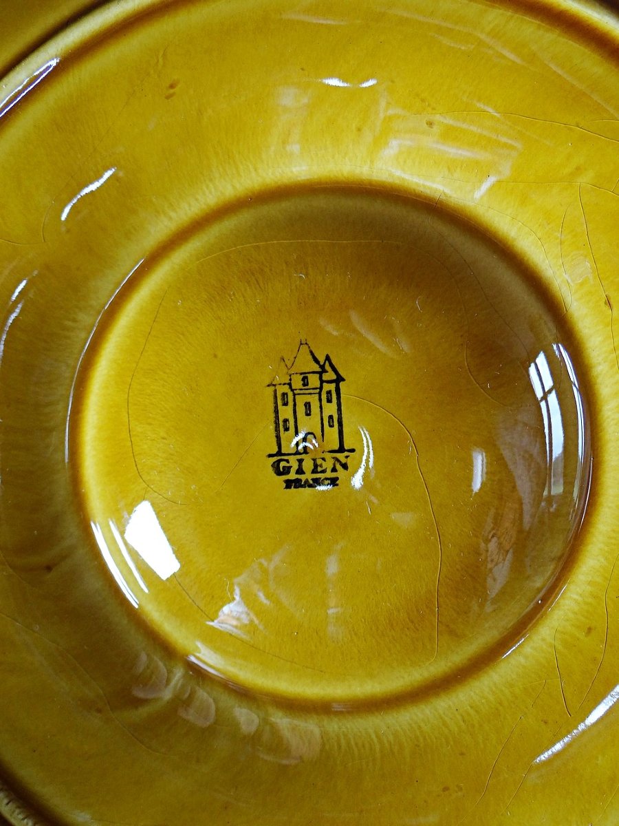 Set Of Plates, Artichoke Pots, Mustard Yellow Slipware, Gien, 20th Century-photo-4