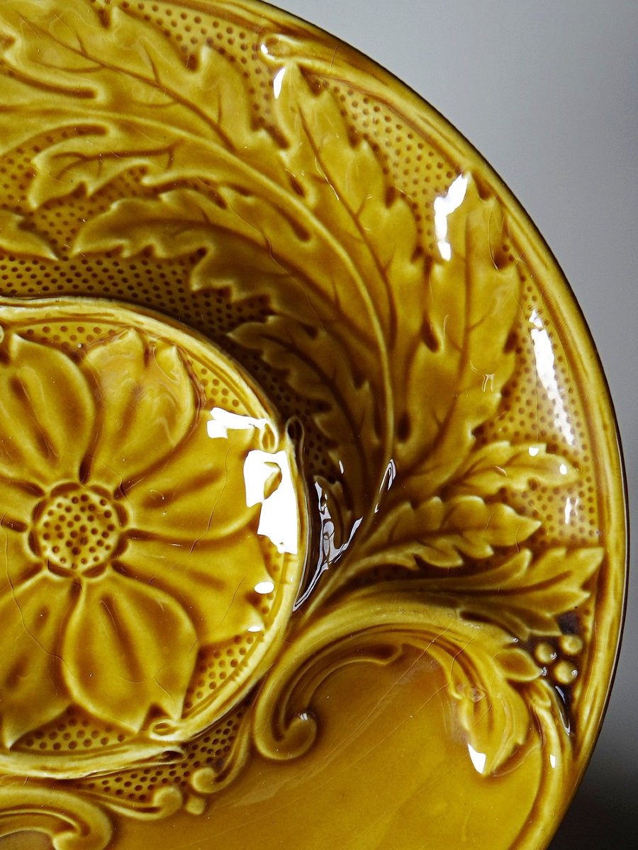 Set Of Plates, Artichoke Pots, Mustard Yellow Slipware, Gien, 20th Century-photo-6