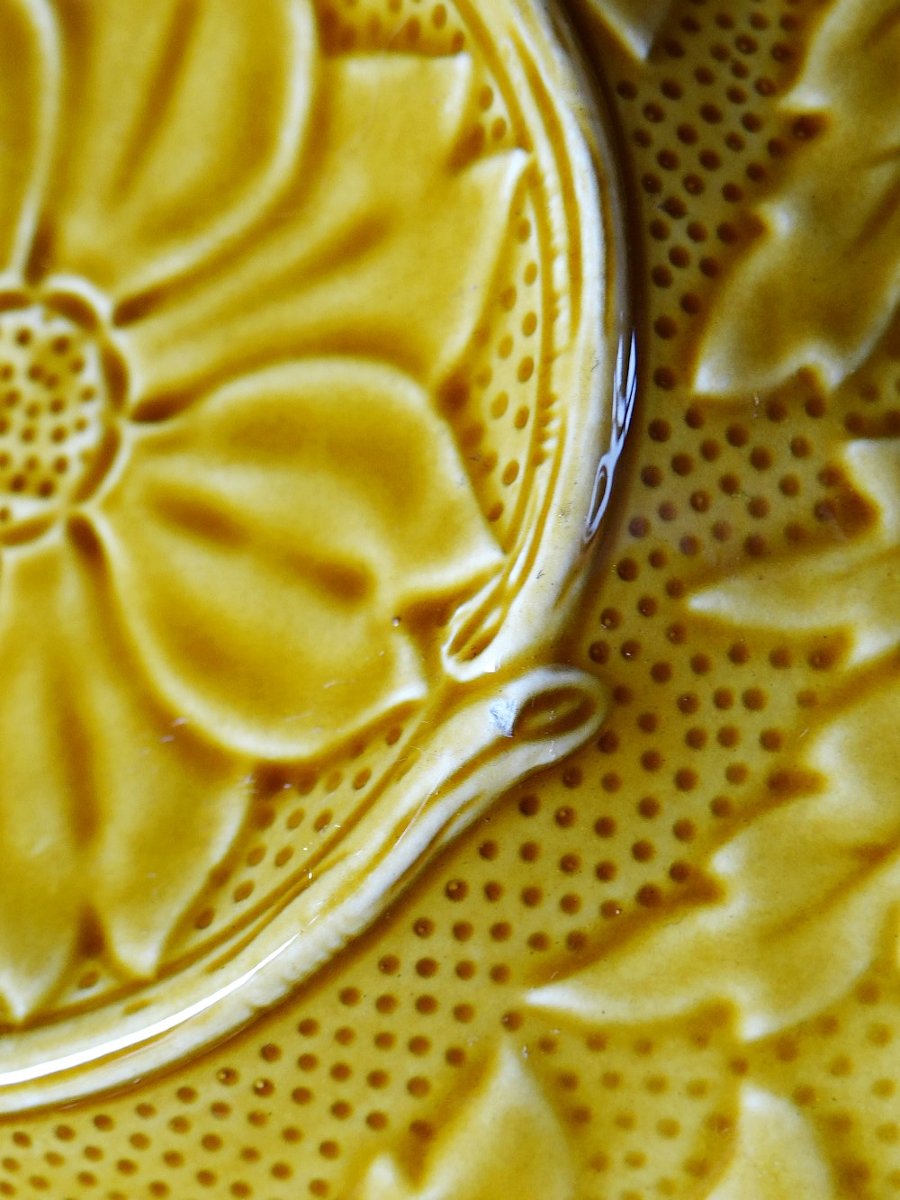 Set Of Plates, Artichoke Pots, Mustard Yellow Slipware, Gien, 20th Century-photo-7
