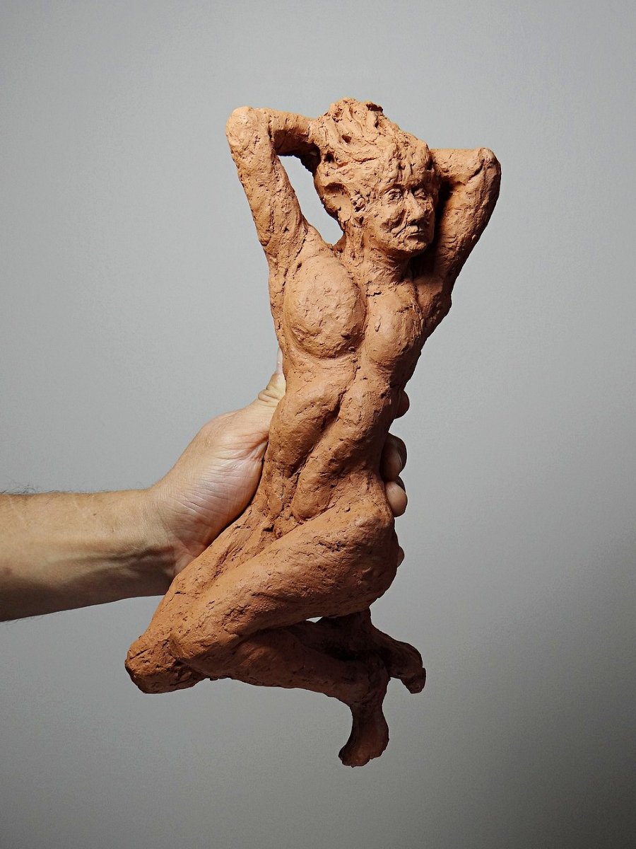 Signed, Raw Terracotta Sculpture Of A Reclining Female Nude, 1970s-1980s-photo-2