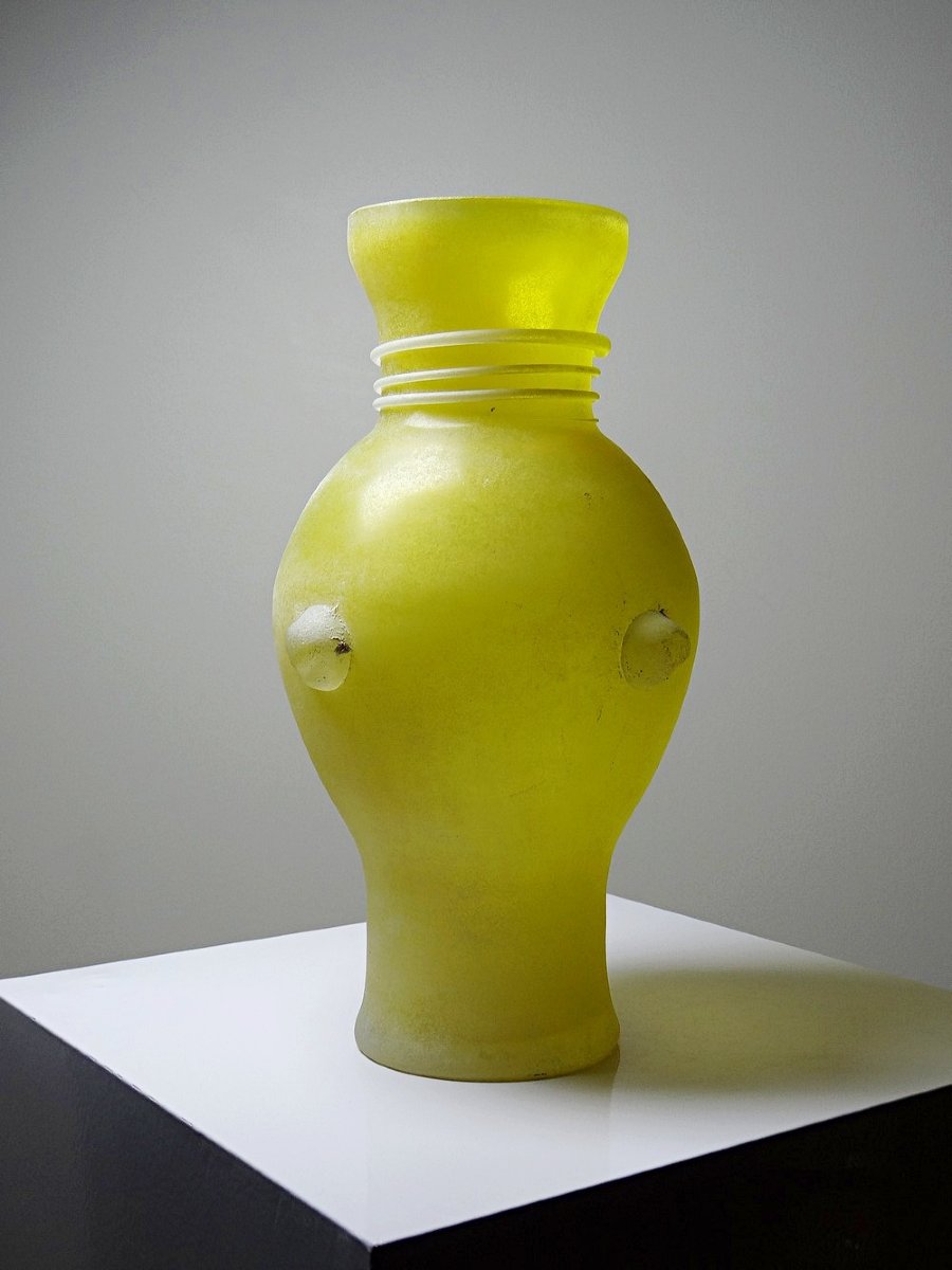 Murano Scavo Yellow Baluster Vase, Seguso Style Frosted Glass, Vintage 1960-photo-1