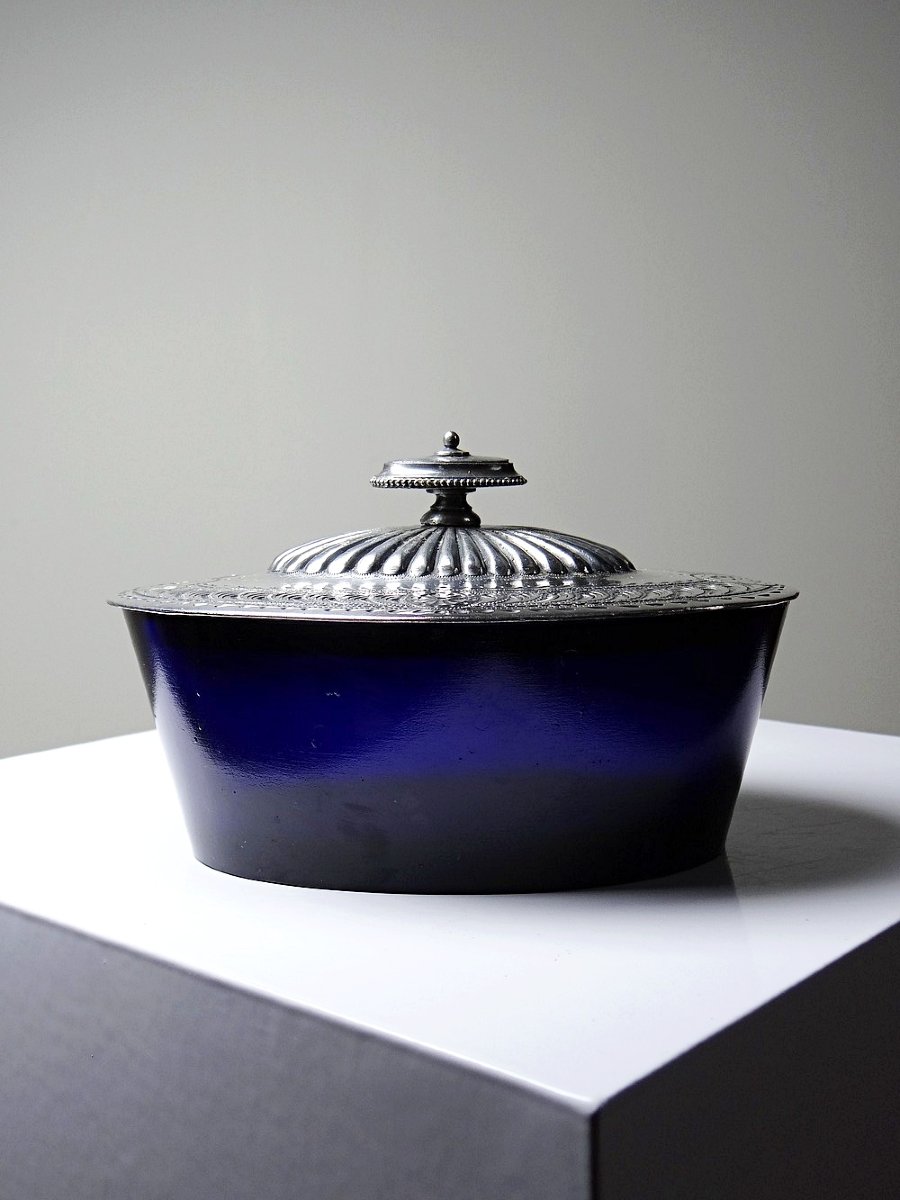 Victorian Bonbonnière, Attributed To George T. & Co., Cobalt Glass And Silver-plated Metal, 19th Century-photo-2