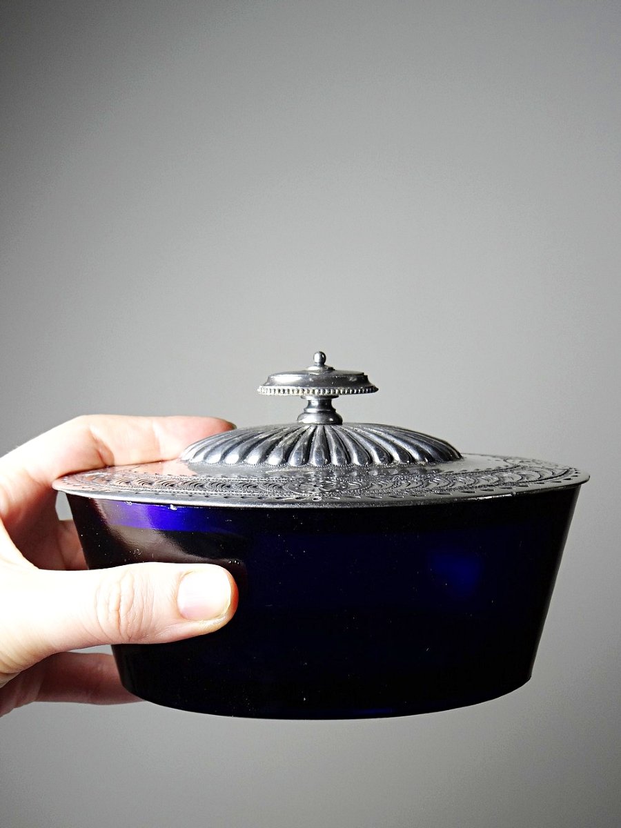 Victorian Bonbonnière, Attributed To George T. & Co., Cobalt Glass And Silver-plated Metal, 19th Century-photo-4