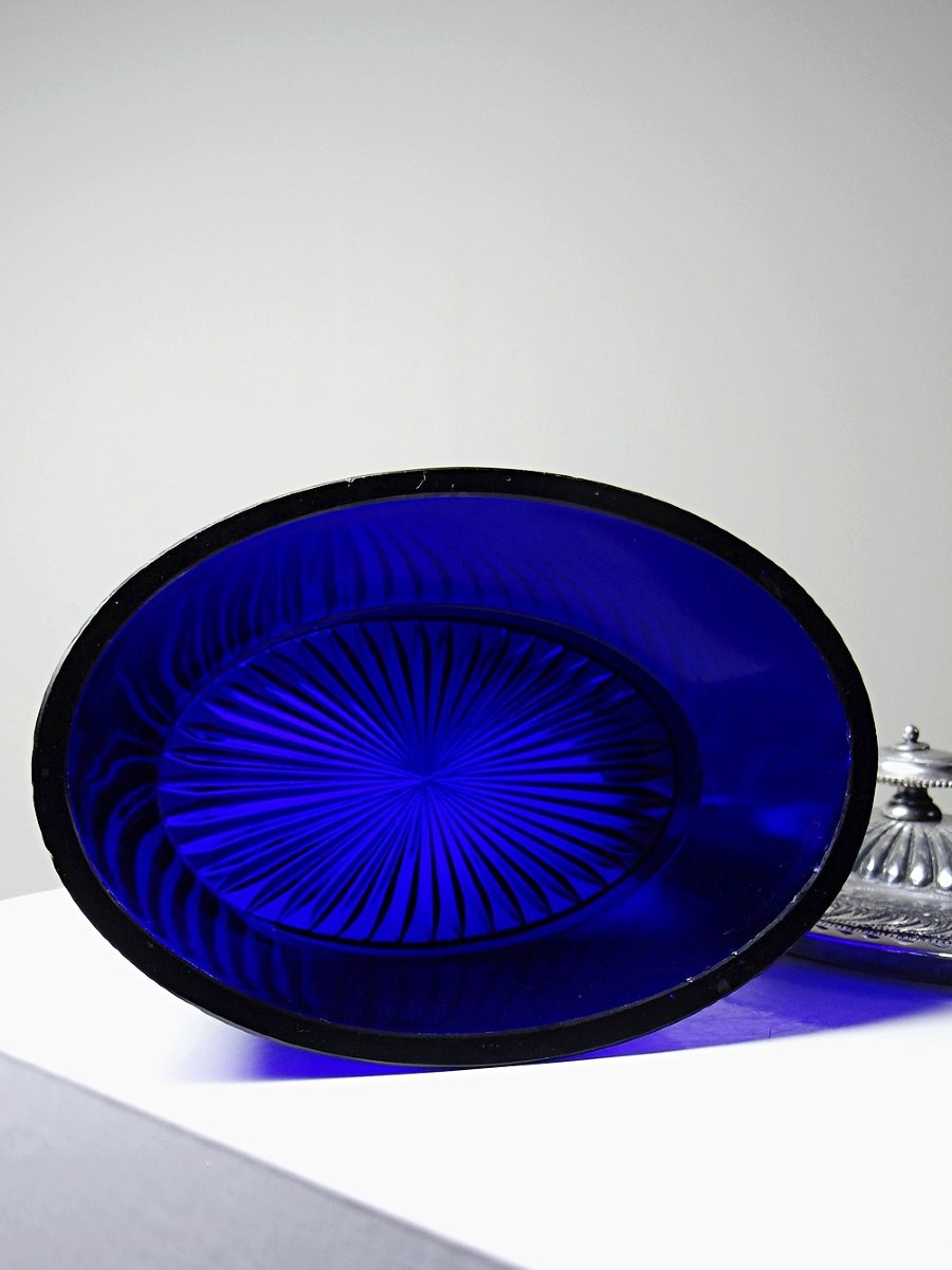 Victorian Bonbonnière, Attributed To George T. & Co., Cobalt Glass And Silver-plated Metal, 19th Century-photo-1