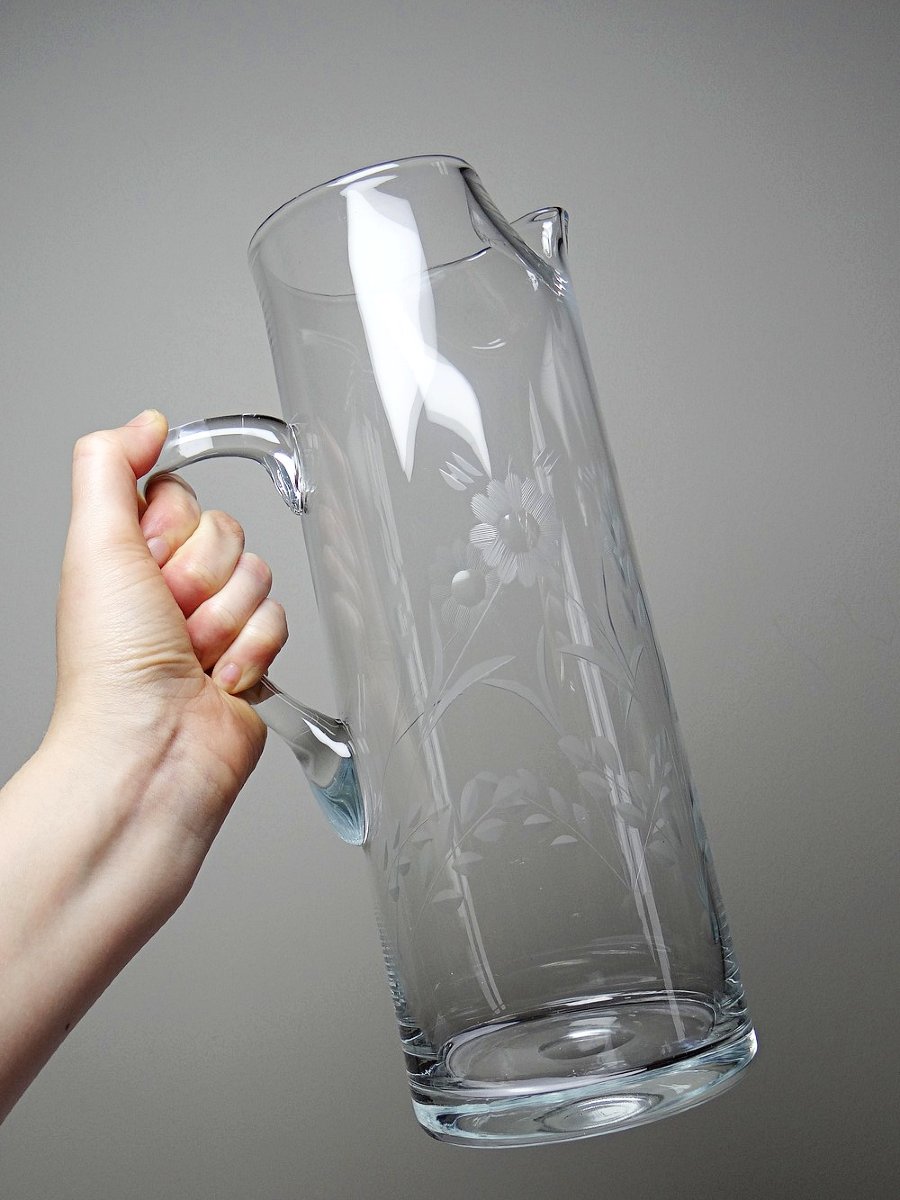 Pichet ancien cristal/verre soufflé gravé à décor floral, Europe 1920-1930-photo-4