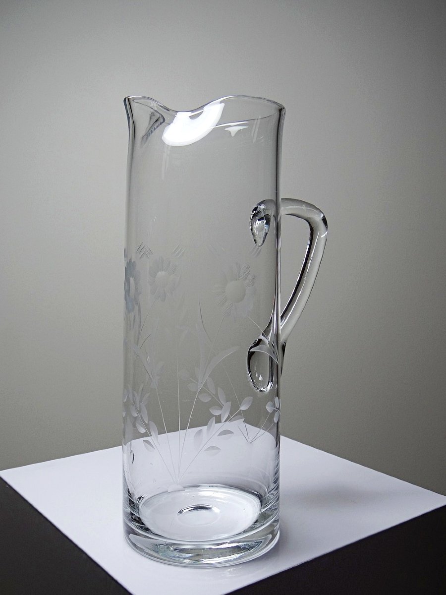 Pichet ancien cristal/verre soufflé gravé à décor floral, Europe 1920-1930-photo-1