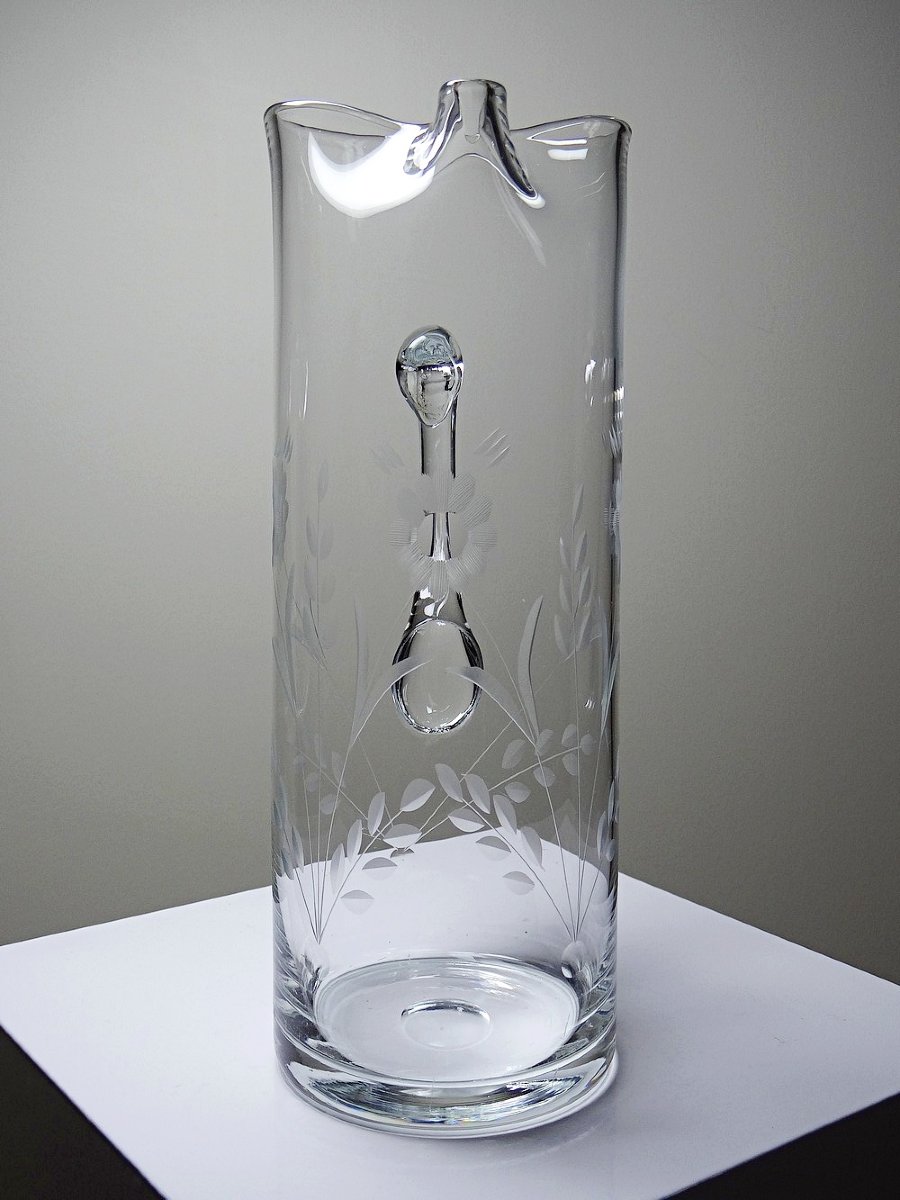 Pichet ancien cristal/verre soufflé gravé à décor floral, Europe 1920-1930-photo-4