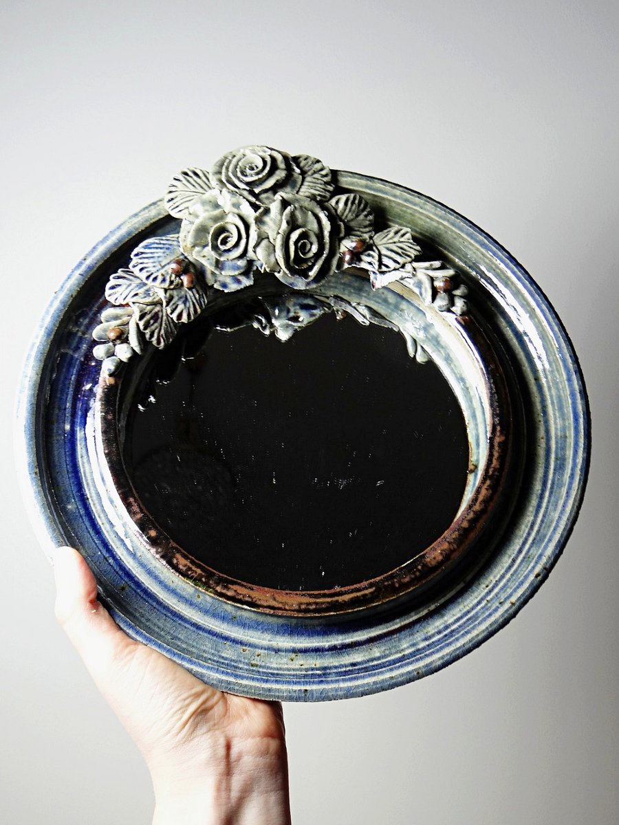 Round Wall Mirror In Blue Stoneware, La Borne Catido, Floral Decoration, 1960 - Damaged-photo-4