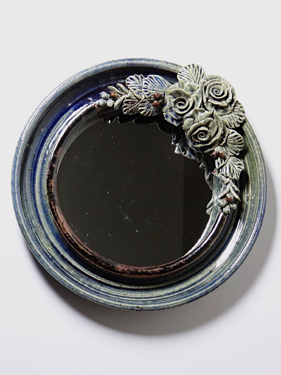 Round Wall Mirror In Blue Stoneware, La Borne Catido, Floral Decoration, 1960 - Damaged-photo-1