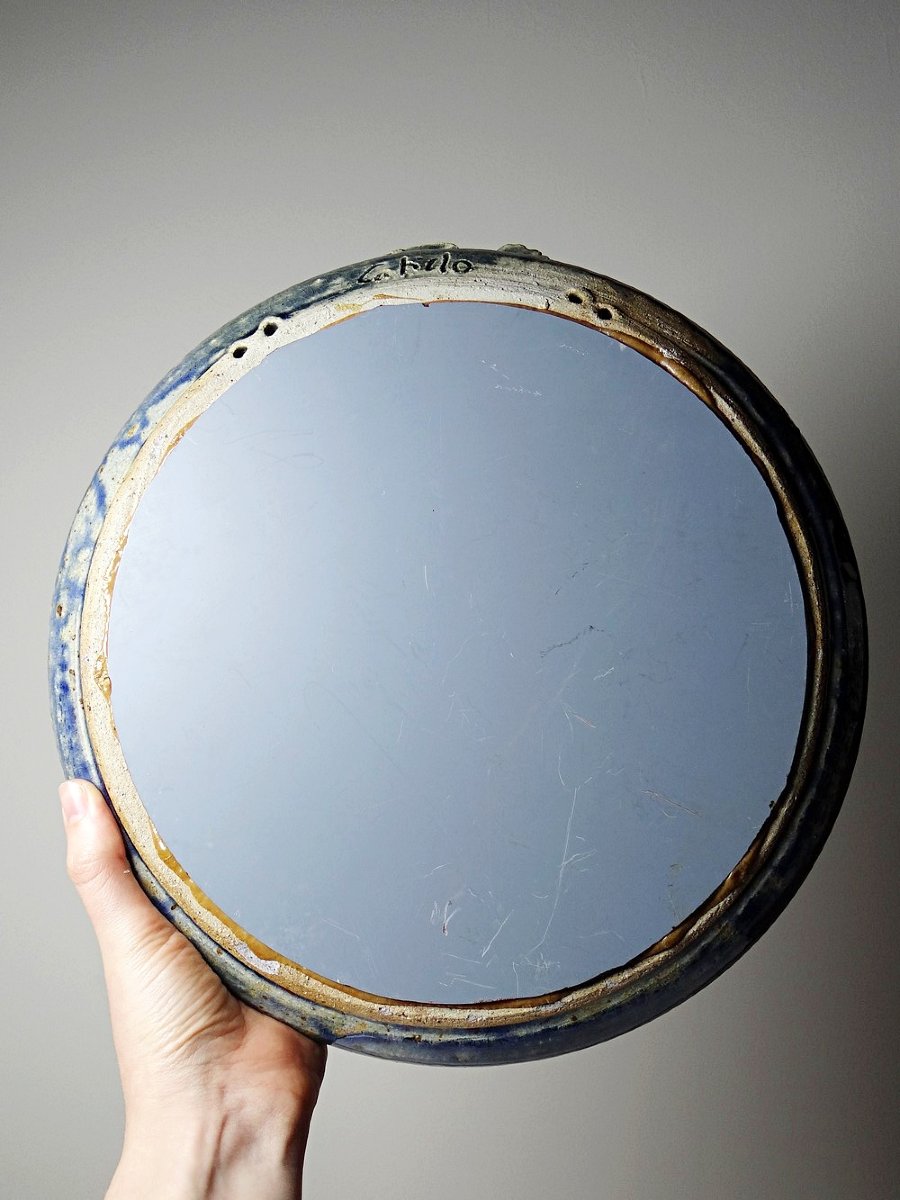 Round Wall Mirror In Blue Stoneware, La Borne Catido, Floral Decoration, 1960 - Damaged-photo-4
