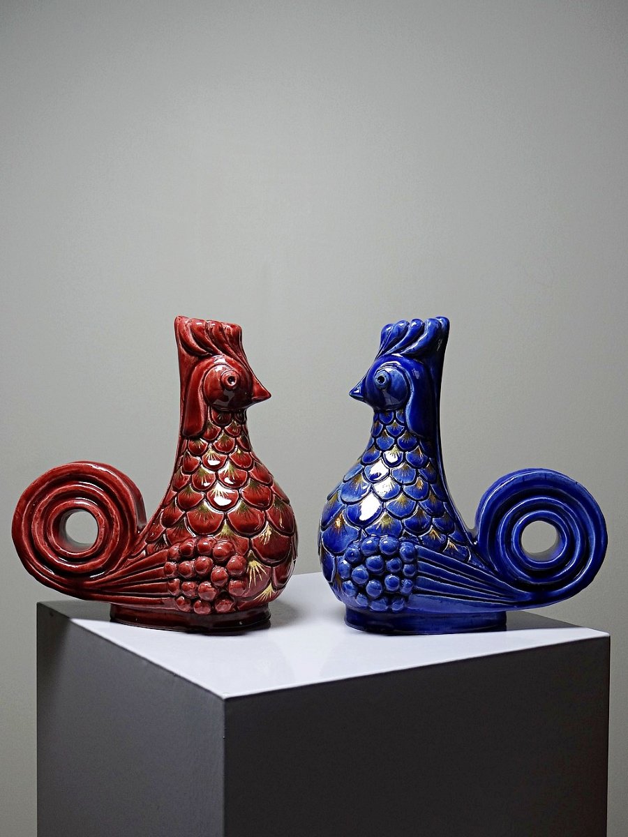 Pair Of Glazed Ceramic Rooster Candlesticks, Signed Ag Roger, 1948-photo-2