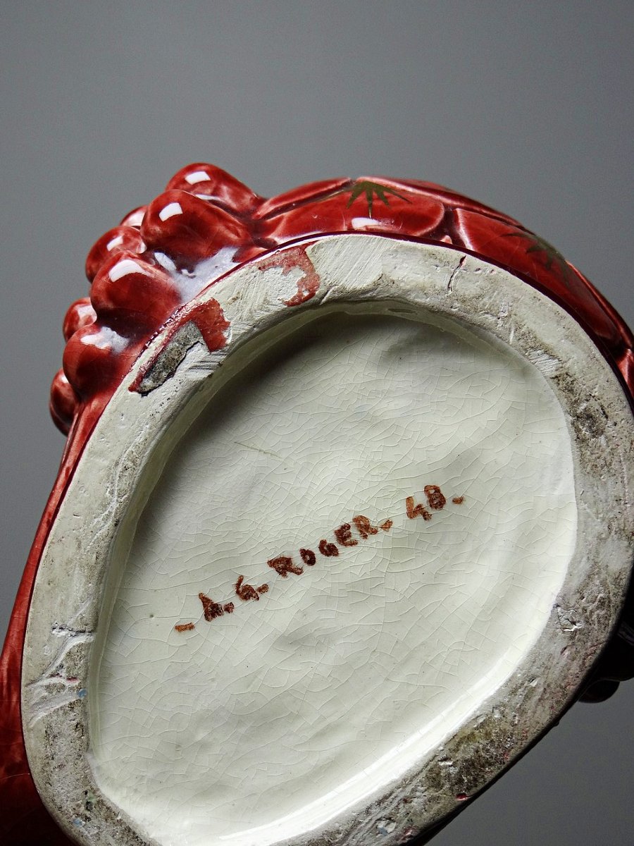 Pair Of Glazed Ceramic Rooster Candlesticks, Signed Ag Roger, 1948-photo-5