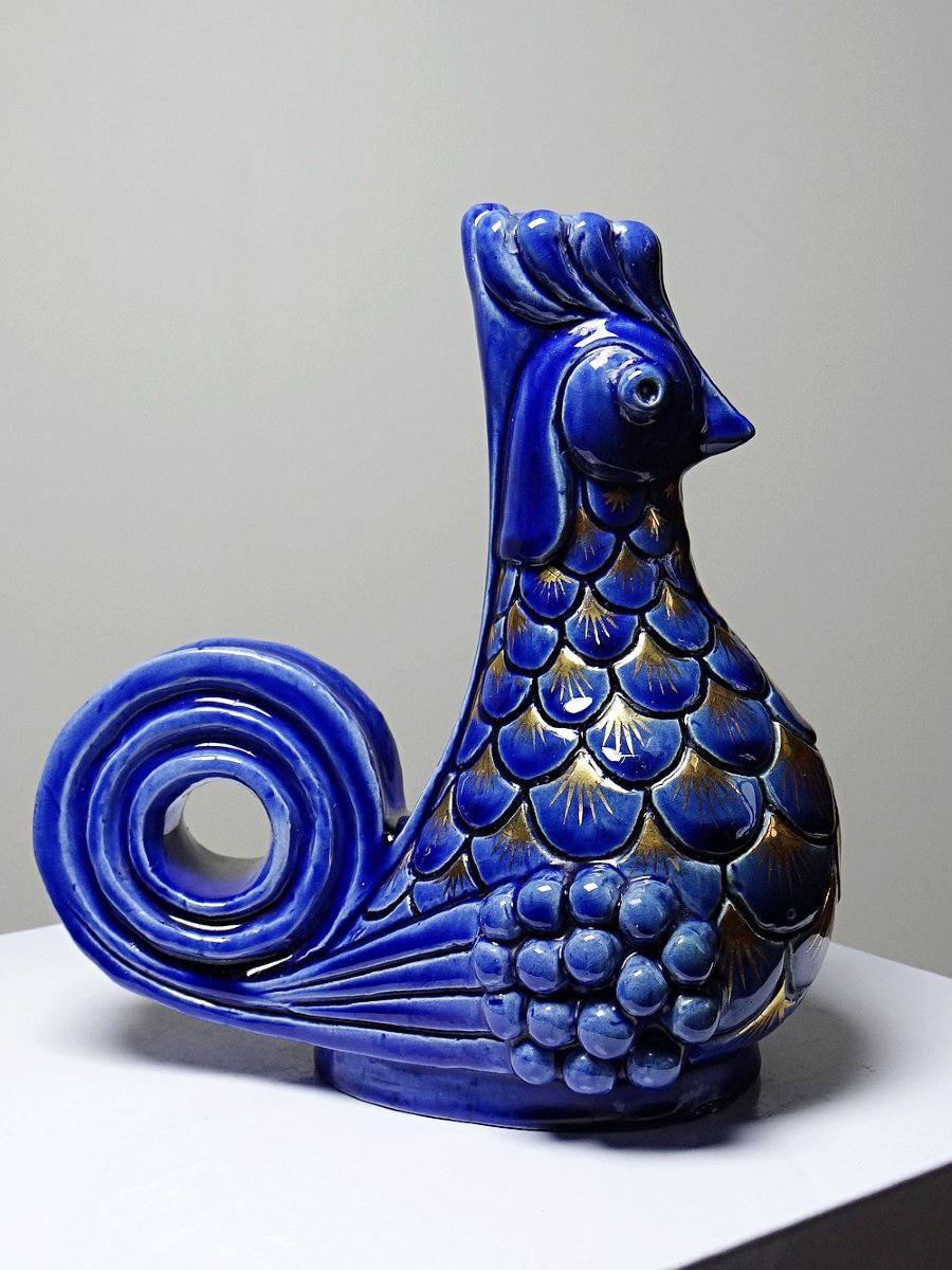 Pair Of Glazed Ceramic Rooster Candlesticks, Signed Ag Roger, 1948-photo-6