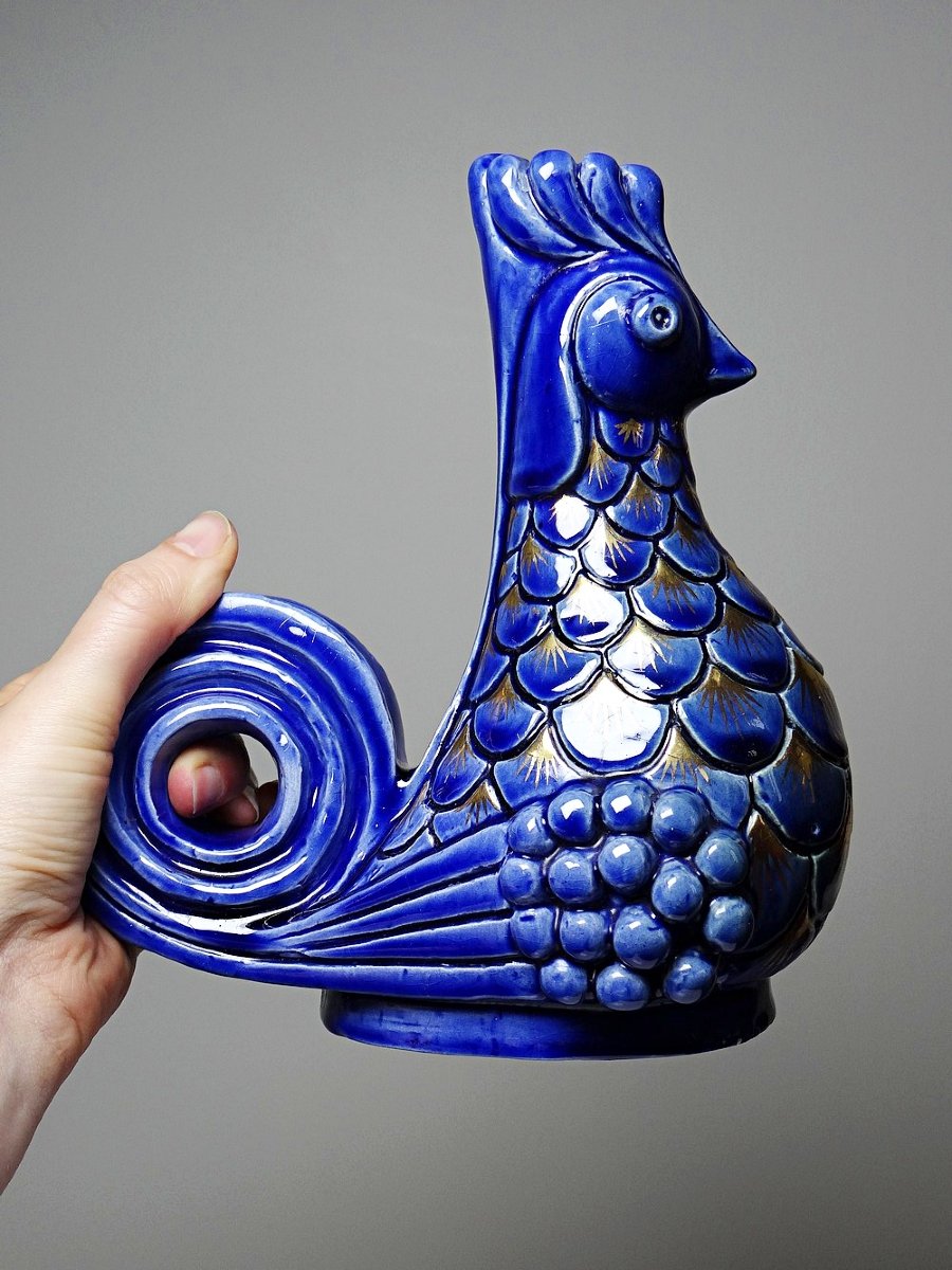 Pair Of Glazed Ceramic Rooster Candlesticks, Signed Ag Roger, 1948-photo-7