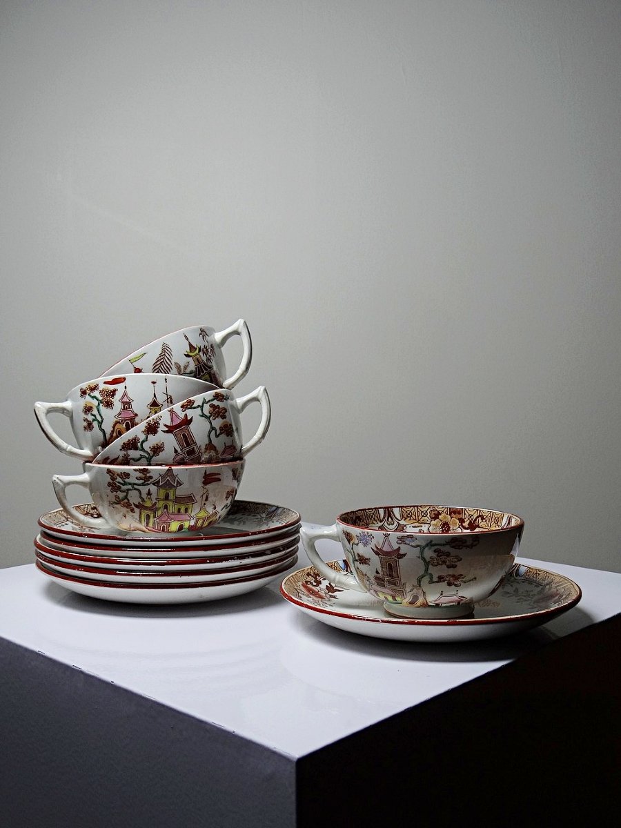 Sarreguemines Kyoto Tea Service, 1900-1920, 5 Cups, 6 Japanese-style Saucers-photo-2